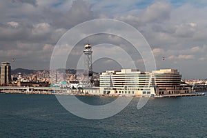 Ropeway on city. Barcelona, Spain