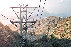 Ropeway leading to mount Misen at Miyajima Island in Hiroshima Japan during sunset