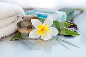Ãâ¢ropical flowers, bowl of water, towel and oil tube. Body care and spa concept photo