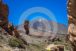 Roque Cinchado rock formation in front of Teide volcano