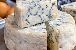 Roquefort A close-up image of a wedge of blue cheese, showing its distinctive blue-green veins and crumbly texture.