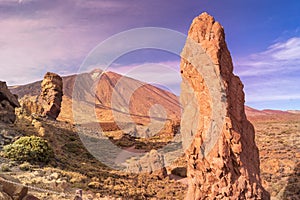 Roques del Garcia stone and Teide volcano in the Teide National Park