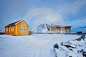 Rorbu house and drying flakes for stockfish cod fish in winter. Lofoten islands, Norway