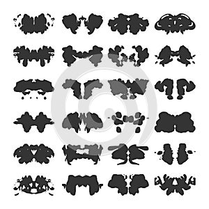 Rorschach test cards. Vector illustration. Psychiatric method. Set with symmetrical abstract ink stains, blobs, splash inkblots.