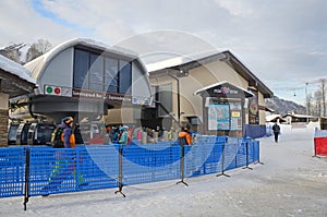 Rosa Khutor, Sochi, Russia, January, 26, 2018. Sochi, skiers and snowboarders at the bottom station of the cableway `Reserved fore