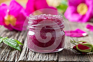 Rosa rugosa flowers cruhed with sugar in a jar