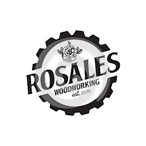 Rosales woordworking logo with gear and rose template photo