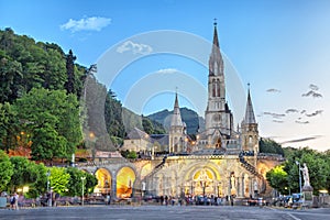 Rosary Basilica in the evening in Lourdes photo