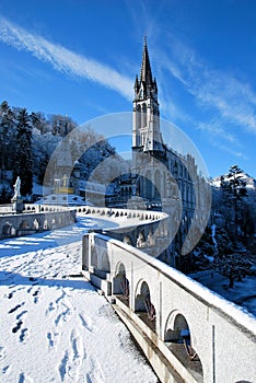 The Rosary Basilica of Lourdes during the winter