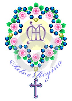 Rosary beads interwoven in the wreath of roses, with a monogram in the middle, and the inscription Salve Regina