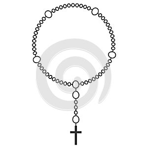 Rosary beads line illustration. Prayer jewelry for meditation. Catholic chaplet with a cross. Religion symbol. Vector
