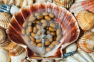 Rosary Beads in a Scallop Seashell