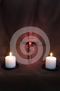 Rosary, Crucifix and Two Candles