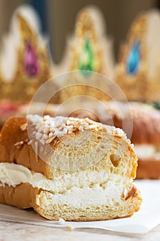 Roscon de Reyes - piece of festive Spanish baking. Close up