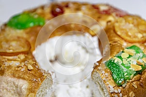 RoscÃ³n. Roscon de Reyes. Kingcake. Bun made with a sweet dough in the shape of a toroid decorated