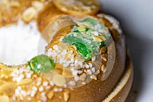 RoscÃ³n. Roscon de Reyes. Kingcake. Bun made with a sweet dough in the shape of a toroid decorated