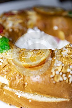 RoscÃ³n. Roscon de Reyes. Kingcake. Bun made with a sweet dough in the shape of a toroid decorated