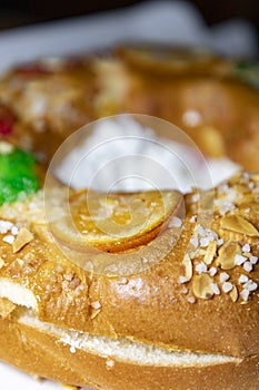 RoscÃ³n. Roscon de Reyes. Kingcake. Bun made with a sweet dough in the shape of a toroid decorated