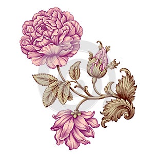 Rose flower vintage pink Baroque Victorian floral ornament frame border golden leaf scroll engraved red pattern decorative tattoo