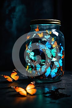 Luminescent Flutter: Captured Magic Blue Butterflies in a Jar photo