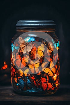 Luminescent Flutter: Captured Magic Butterflies in a Jar photo