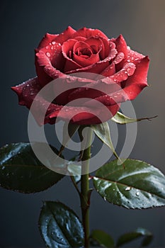 Dew-Kissed Elegance: Photorealistic Red Rose in Bloom photo