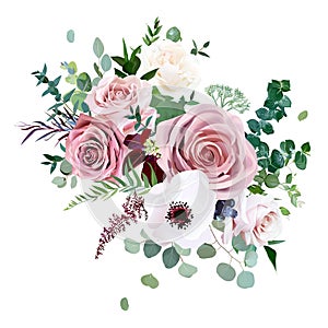 Rose, anemone, pale flowers vector design wedding bouquet