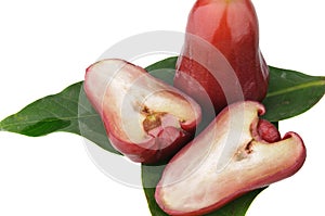 Rose apples on green leaf