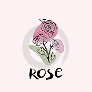 Rose black and white vector hand draw sketch with colored spots. Hand lettering text. Rose icon logo design template.