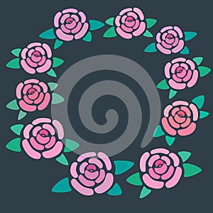 Rose blossom frame on dark background, place for text from roses, flowers bounding box, nice floral border, vector