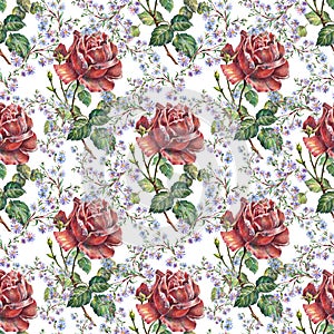 Rose , blue flower, watercolor, pattern seamless