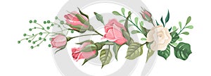 Rose bouquet. Elegant pink and white roses with green leaves composition. Cute blossom and greenery decor. Botanical
