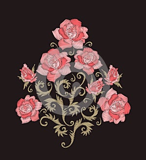 Rose bouquet. Embroidery design with pink stitched flowers. Embroidered floral pattern