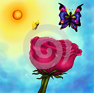 Rose and Butterflies in shining sunlight