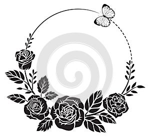 Rose butterfly wreath silhouette vector illustration
