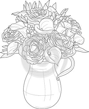 Rose and calla lilies flower bouquet with leaves in vase sketch. Vector illustration in black and white.