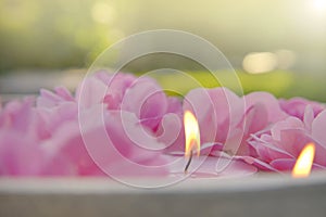 Rose candles set.Pink burning candles and pink roses in water.Aromatherapy and spa.Candle flame. Candles background.