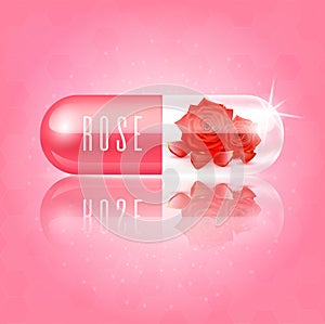 Rose in capsule collagen vitamin red. Medical concepts and health supplements.