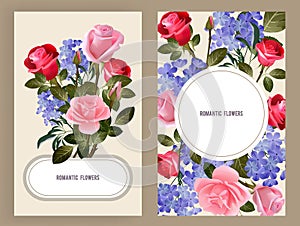 Rose cards. Woman spa cosmetic decoration of red and pink buds of rose bouquet florist love symbols vector design