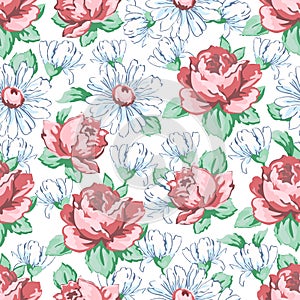 Rose and chamomile flower hand drawing seamless pattern, vector floral background, floral embroidery ornament. Drawn buds pink ros