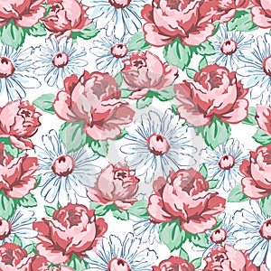 Rose and chamomile flower hand drawing seamless pattern, vector floral background, floral embroidery ornament. Drawn buds pink ros