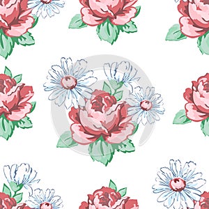 Rose and chamomile flower hand drawing seamless pattern, vector floral background, floral embroidery ornament. Drawn buds pink ros