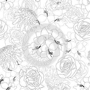 Rose, Chrysanthemum, Carnation, Peony and Amaryllis Flower Background Outline. Seamless Vector Illustration