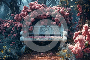 Rose-covered wooden bench in a foggy garden