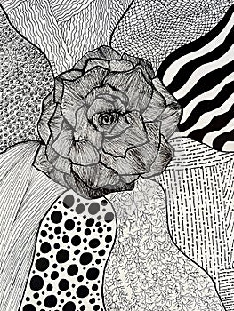 Rose doodle hand drawn with black ink on paper