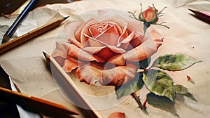 A rose is drawn on a white background with a pencil and a red pencil