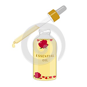 Rose essential oil in a bottle with a pipette. Vector flat illustration.