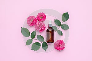 Rose essential oil for face massage. Glass bottle with pipette on pink table. Top view. Aromatherapy concept. Floral fragrance.