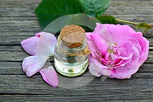 Rose essential oil in a glass bottle with fresh pink rose flower on old wooden table.