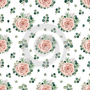 Rose and eucalyptus seamless pattern, vector floral watercolor design.